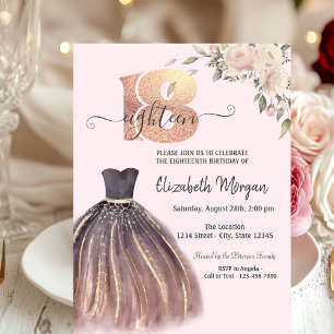 Invitation Robe Chic Fleurs Roses 18ème Anniversaire