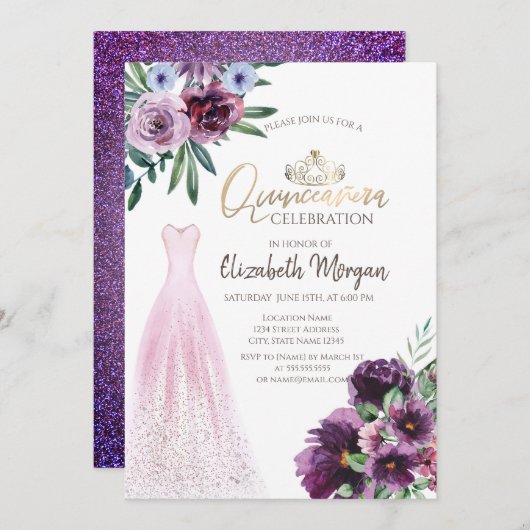 Invitation Robe Chic, Fleurs Violettes Quinceañera (Devant / Derrière)