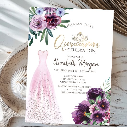 Invitation Robe Chic, Fleurs Violettes Quinceañera