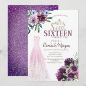 Invitation Robe Chic,Fleurs Violettes Sweet 16 (Devant / Derrière)