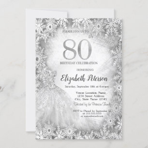Invitation Robe Chic Flocons de Neige Hiver 80e Anniversaire