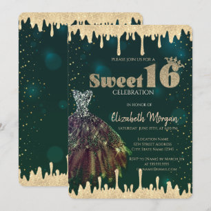 Invitation Robe chic, gouttes de paillettes vertes Sweet 16