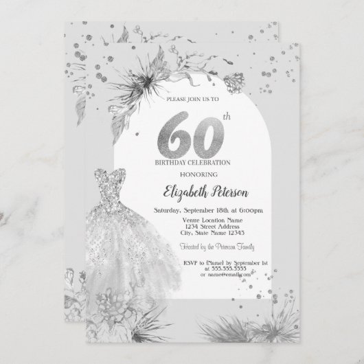 Invitation Robe chic gris hiver 60e anniversaire (Devant / Derrière)