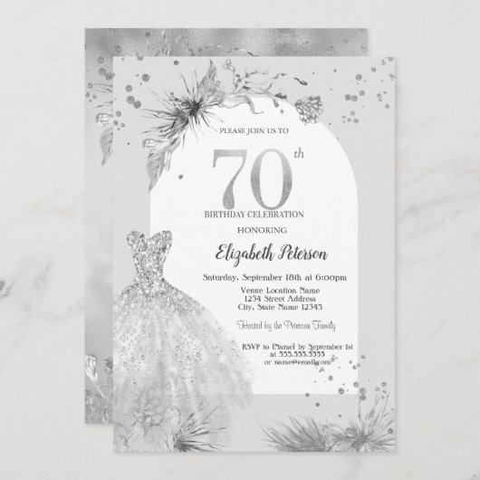 Invitation Robe chic Hiver gris 70e anniversaire (Devant / Derrière)