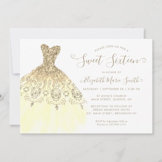 Invitation Robe Chic or jaune Parties scintillant douce 16e a (Devant)
