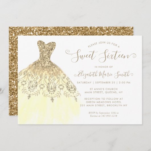 Invitation Robe Chic or jaune Parties scintillant douce 16e a
