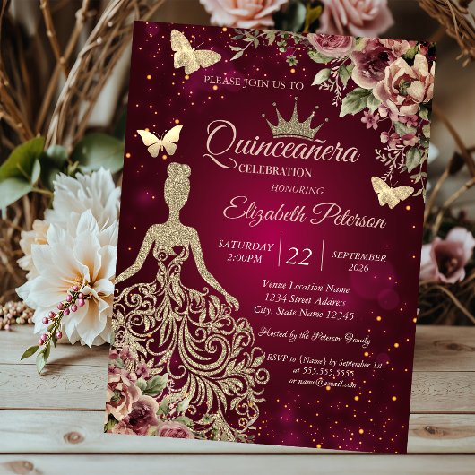 Invitation Robe chic, papillon floral rouge Quinceañera