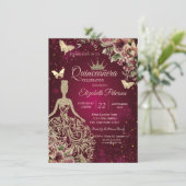 Invitation Robe chic, papillon floral rouge Quinceañera (Debout devant)