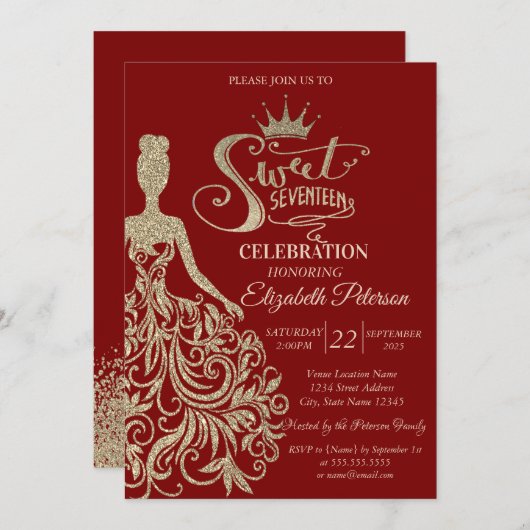 Invitation Robe Chic Parties scintillant Or, Tiara Rouge Douc (Devant / Derrière)