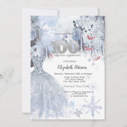 Invitation Robe Chic Paysage d'Hiver 100e Anniversaire (Devant)