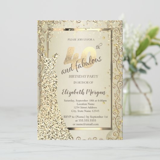 Invitation Robe Chic Sequins Or 40e anniversaire (Debout devant)
