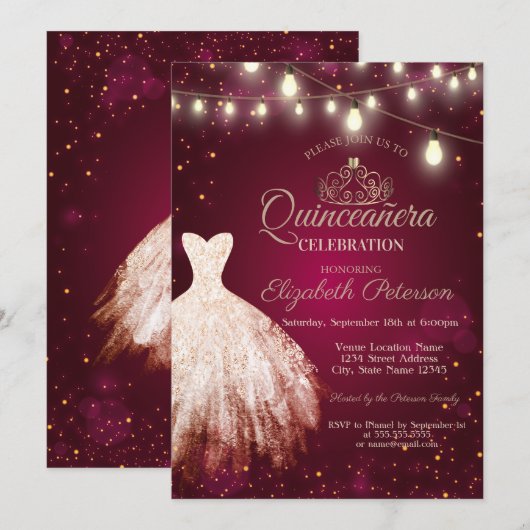 Invitation Robe Chic, Tiara Bourgogne Quinceañera (Devant / Derrière)