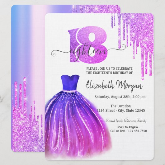 Invitation  Robe chic violet gouttes Argent 18e anniversaire  (Devant / Derrière)