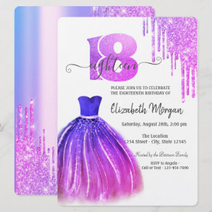 Invitation Robe chic violet gouttes Argent 18e anniversaire