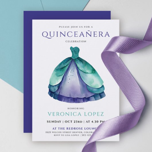 Invitation Robe classique verte violet Quinceañera Princesse
