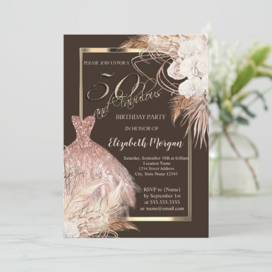 Invitation Robe, Confetti Boho Fleurs Brown 50e anniversaire (Debout devant)