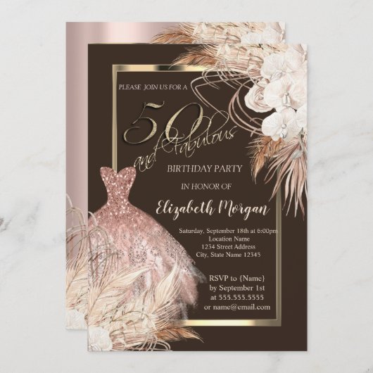 Invitation Robe, Confetti Boho Fleurs Brown 50e anniversaire (Devant / Derrière)
