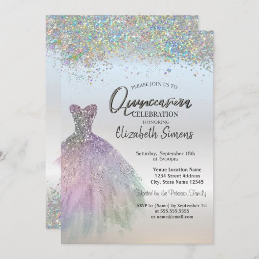 Invitation Robe Confetti Colorée Quinceañera (Devant / Derrière)