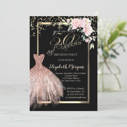 Invitation Robe, Confetti Fleurs Rose Or 50e anniversaire (Debout devant)