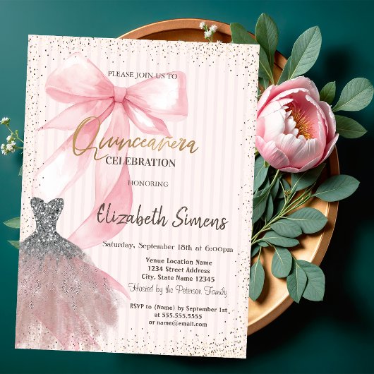 Invitation Robe Confettis,Ruban Rose Rayé