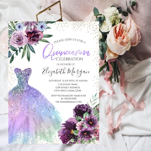 Invitation Robe cool, Confetti Fleurs Violet Quinceañera