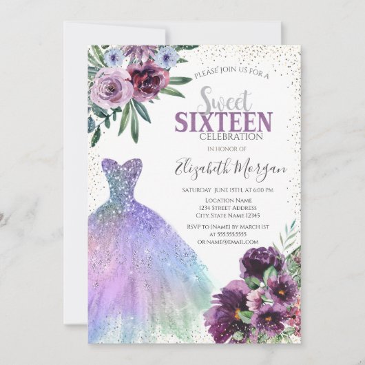 Invitation Robe cool, Fleurs de violet Confetti (Devant)