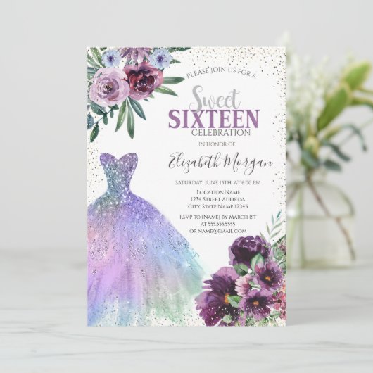 Invitation Robe cool, Fleurs de violet Confetti (Debout devant)