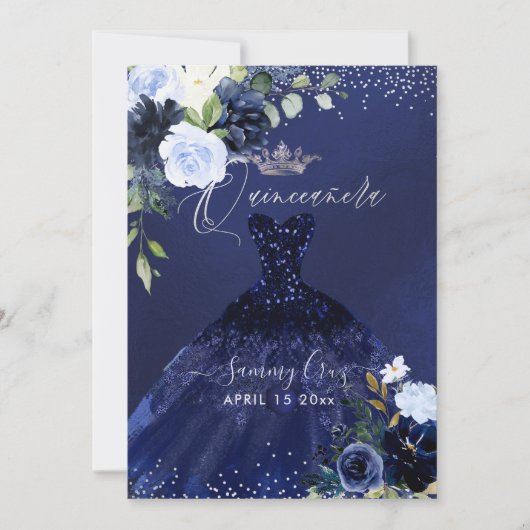 Invitation Robe d'aquarelle bleu marine Quinceanera (Devant)