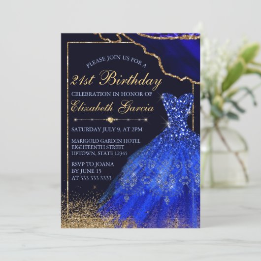 Invitation Robe d'aquarelle bleue et agate 21e anniversaire (Debout devant)