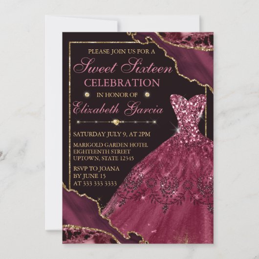 Invitation Robe d'aquarelle bordeaux & Agate Sweet 16 (Devant)