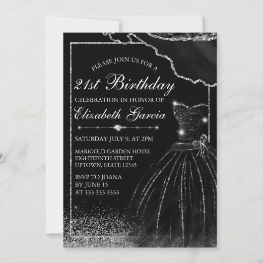 Invitation Robe d'aquarelle noire et bordure de glam 21e anni (Devant)