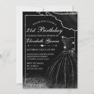 Invitation Robe d'aquarelle noire et bordure de glam 21e anni