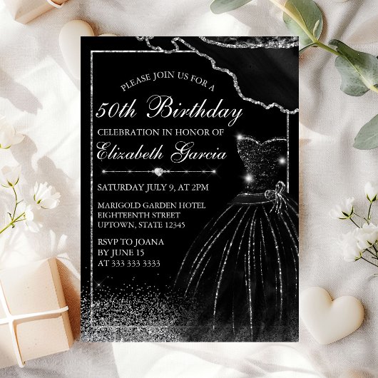 Invitation Robe d'aquarelle noire et bordure de glam Annivers