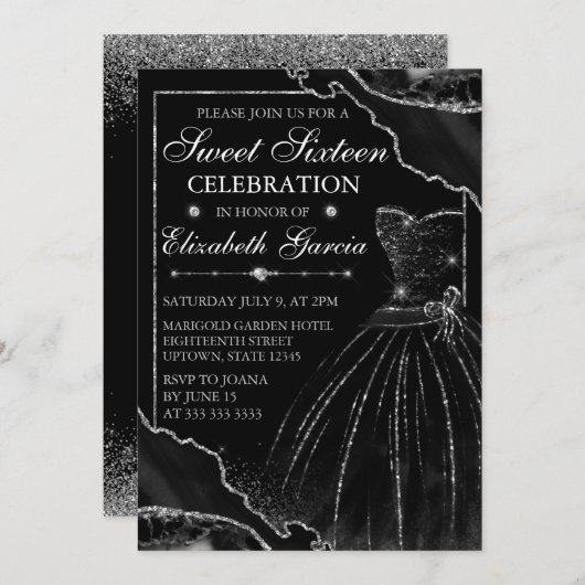 Invitation Robe d'aquarelle noire & Parties scintillant Agate (Devant / Derrière)