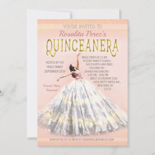 Invitation Robe d'aquarelle Quinceanera Robe Rose Or Fatigué (Devant)