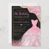 Invitation Robe d'aquarelle rose et bordure de glam 21e anniv (Devant)