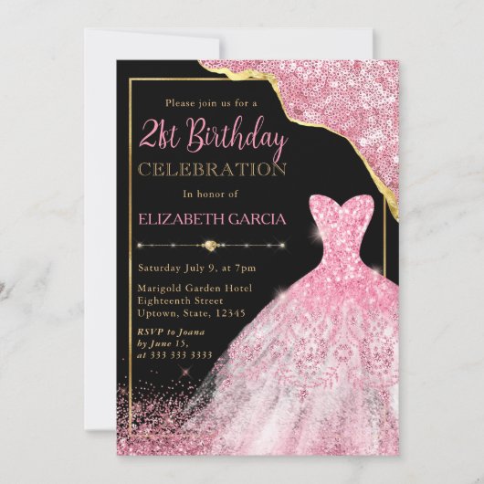 Invitation Robe d'aquarelle rose et bordure de glam 21e anniv (Devant)
