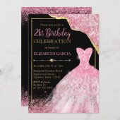 Invitation Robe d'aquarelle rose et bordure de glam 21e anniv (Devant / Derrière)