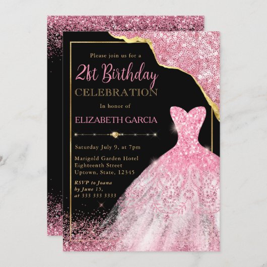 Invitation Robe d'aquarelle rose et bordure de glam 21e anniv (Devant / Derrière)