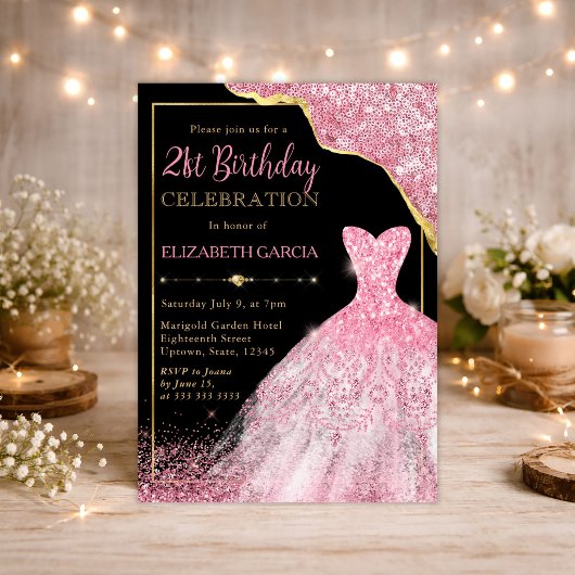 Invitation Robe d'aquarelle rose et bordure de glam 21e anniv