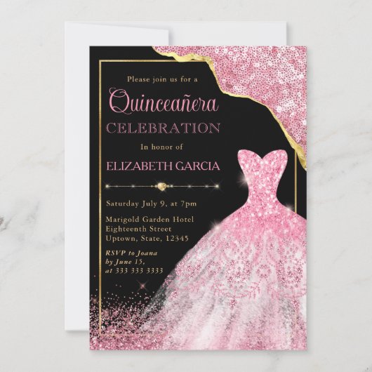 Invitation Robe d'aquarelle rose et bordure de glam Quinceane (Devant)