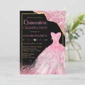 Invitation Robe d'aquarelle rose et bordure de glam Quinceane (Debout devant)