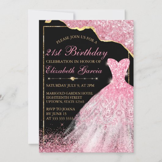 Invitation Robe d'aquarelle rose et bordure glam 21e annivers (Devant)