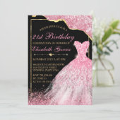 Invitation Robe d'aquarelle rose et bordure glam 21e annivers (Debout devant)