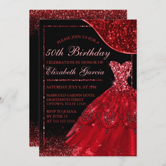 Invitation Robe d'aquarelle rouge et bordure de vague rouge A (Devant / Derrière)