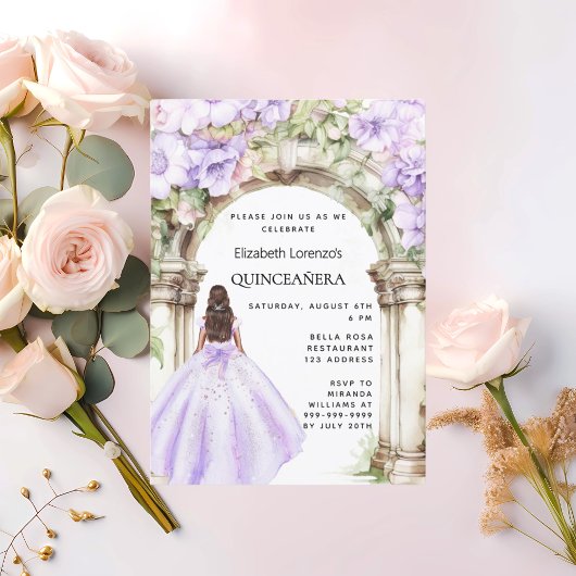 Invitation Robe d'arche de fleurs de lavande Quinceanera