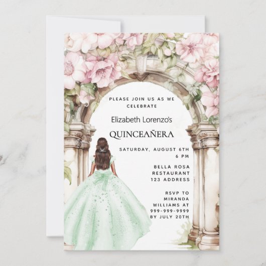 Invitation Robe d'arche de fleurs roses vertes Quinceanera (Devant)