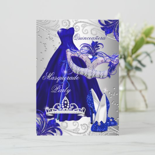 Invitation Robe d'argent bleu mascarade Quinceanera Invitatio (Debout devant)