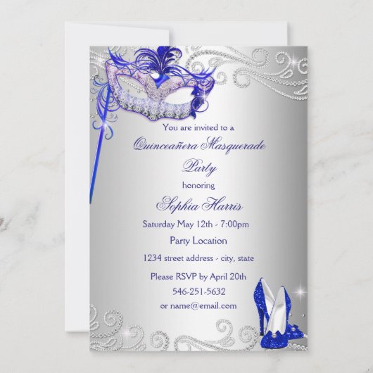 Invitation Robe d'argent bleu mascarade Quinceanera Invitatio (Dos)