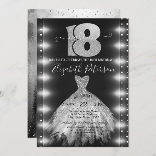 Invitation Robe d'argent chic Confetti Lumières 18e anniversa (Devant / Derrière)